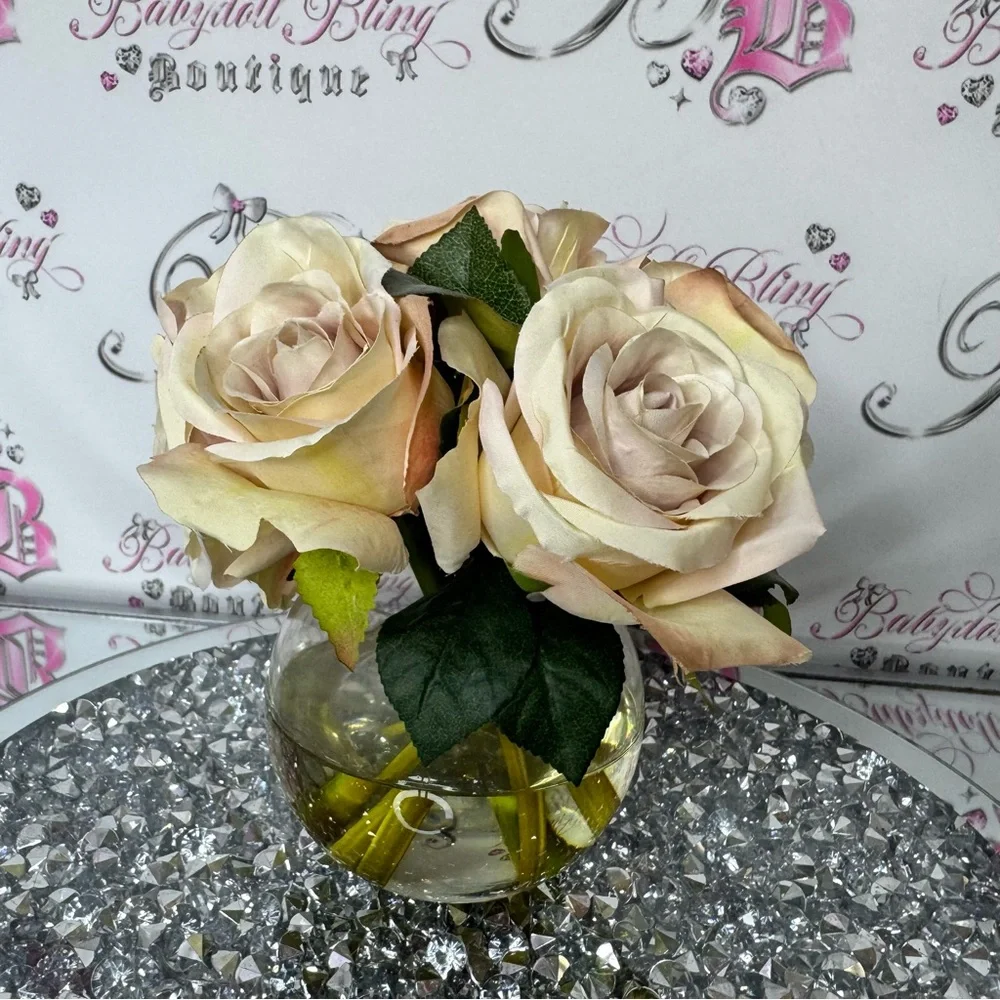Elegant Cream Rose Arrangement in Glass Vase water look vase pink